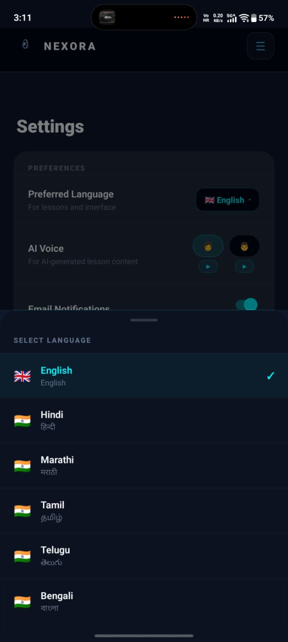 Nexora Multilingual and AI Voice Settings